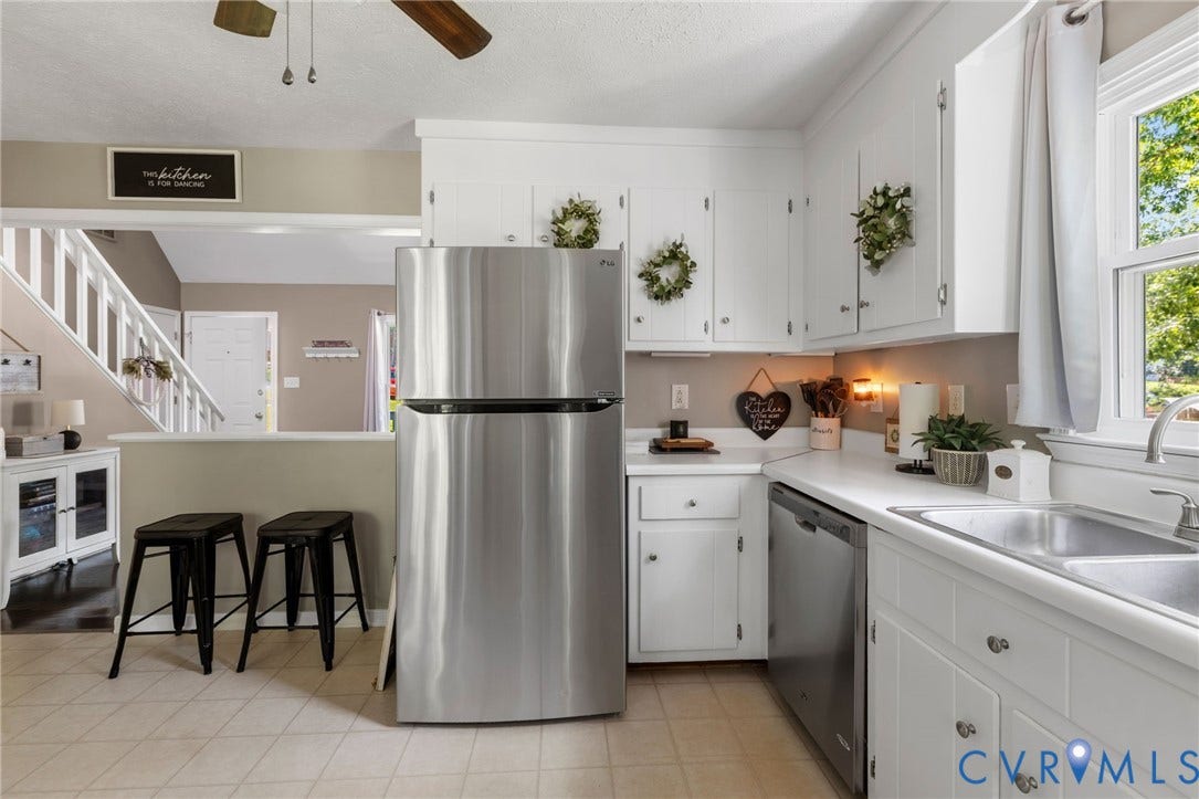 7306 Native Dancer Drive, Midlothian, VA 23112 White cabinetry with chrome hardware, stainless steel appliances, and a double basin sink