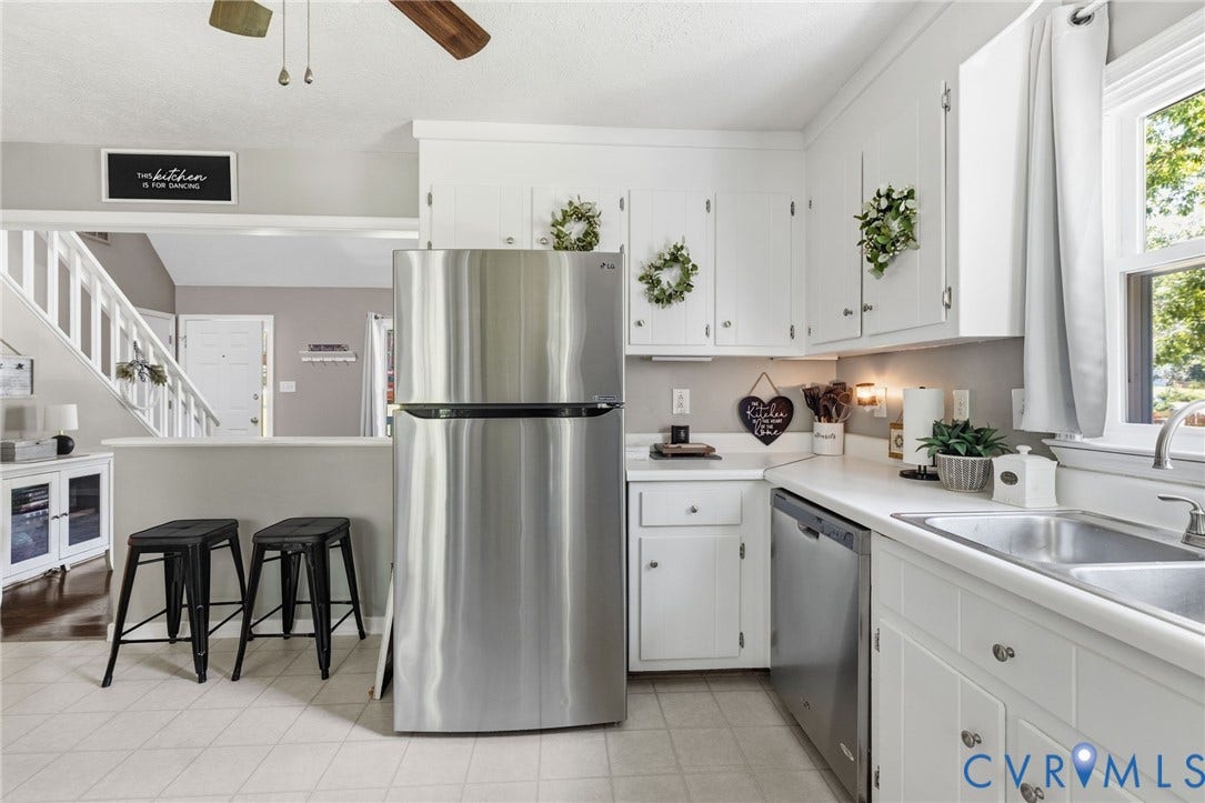 7306 Native Dancer Drive, Midlothian, VA 23112 White cabinetry, stainless steel refrigerator and dishwasher, double basin sink, and a ceiling fan