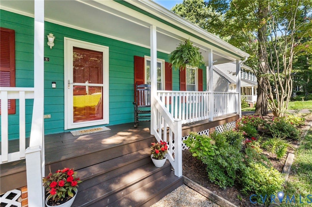 7306 Native Dancer Drive, Midlothian, VA 23112 Covered porch with white railings, dark wood-finish decking, and steps