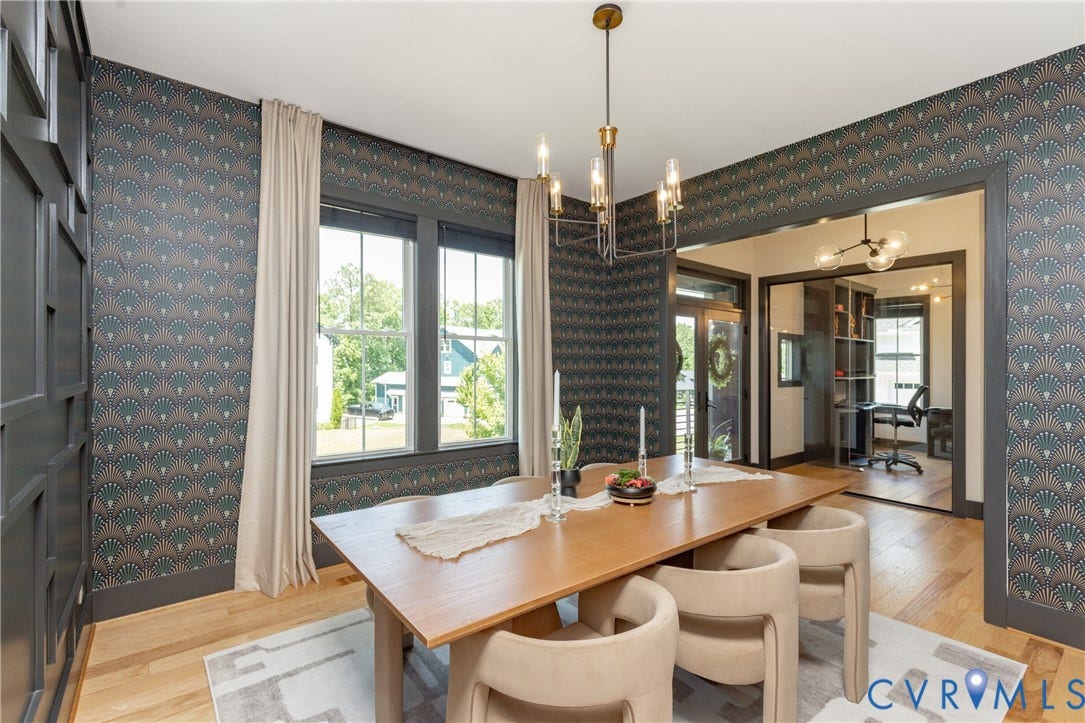 4600 Otter Court, Moseley, VA 23120 Dining space featuring patterned wallpaper, a paneled accent wall, and wood-finish flooring