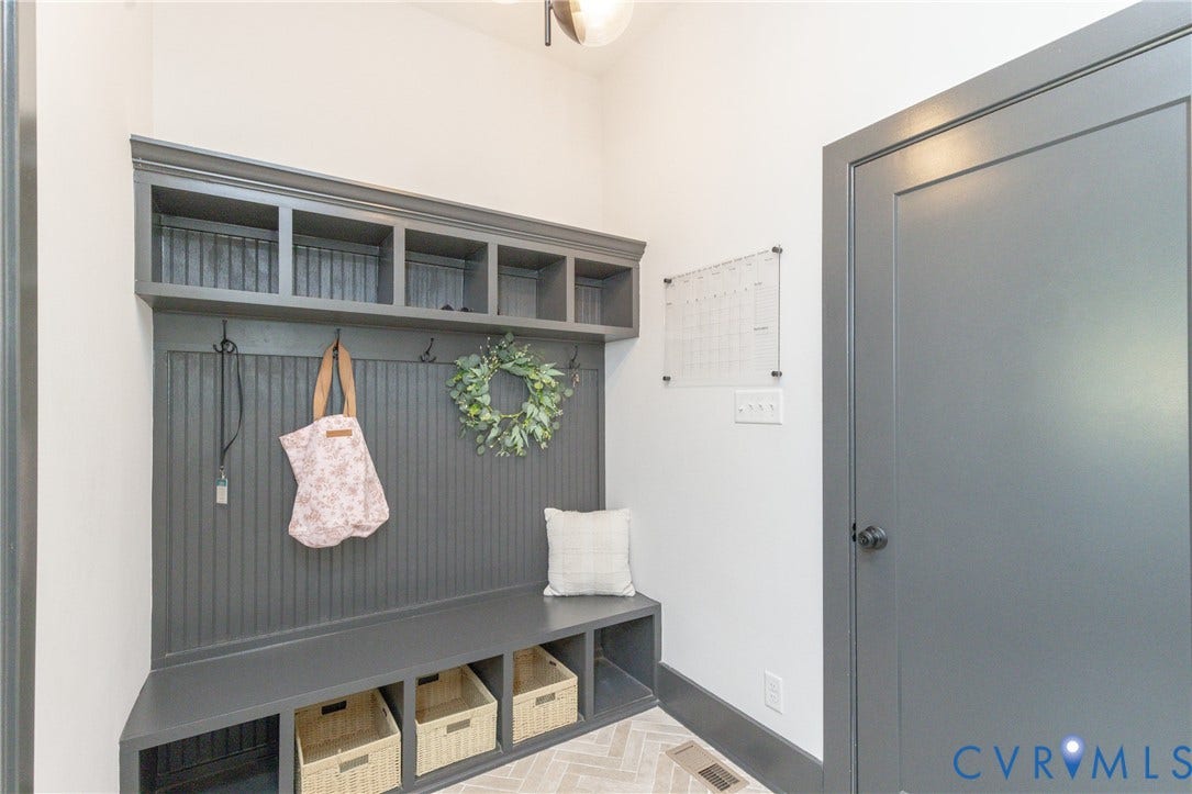 4600 Otter Court, Moseley, VA 23120 Built-in mudroom bench with cubby storage, beadboard paneling, upper shelving, and wall hooks