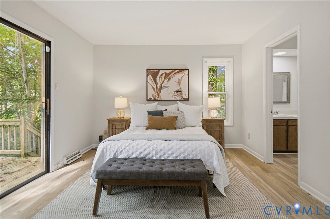 2903 Fox Chase Drive, Huntsbridge, Midlothian, VA 23112 Bright room featuring light wood-finish flooring, a sliding glass door opening to an outdoor deck, and a single pane window