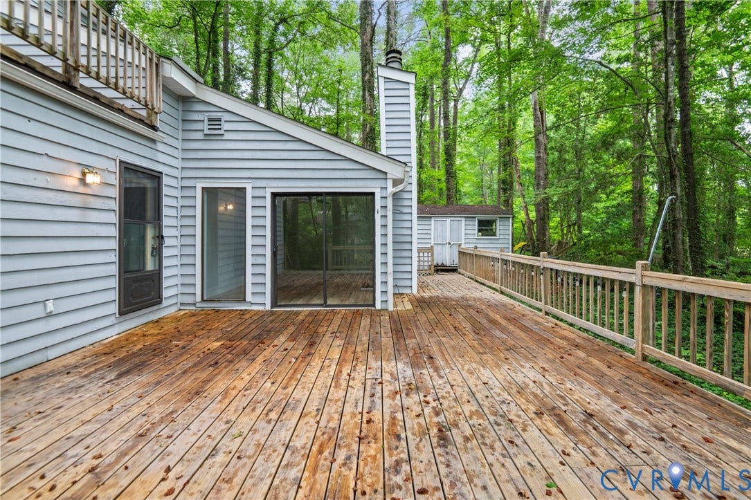 2903 Fox Chase Drive, Huntsbridge, Midlothian, VA 23112 Expansive wooden deck with a built-in railing, offering access to an enclosed porch and a separate exterior door