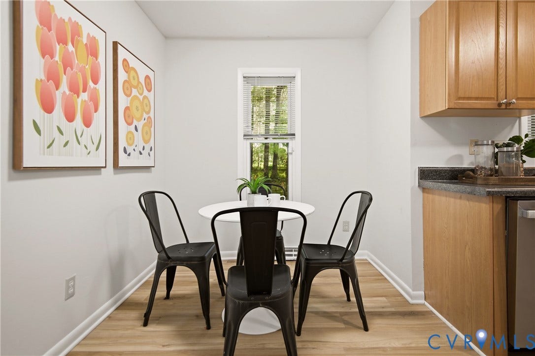 2903 Fox Chase Drive, Huntsbridge, Midlothian, VA 23112 Kitchen dining area featuring wood-finish flooring and a single window with blinds