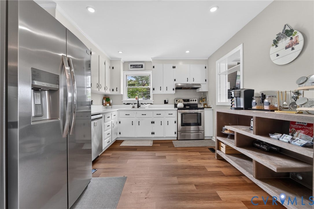3401 Austin Avenue, Brentwood, Henrico, VA 23222 Kitchen with white cabinetry, stainless steel appliances, wood-finish flooring, recessed lighting, and a built-in shelving unit