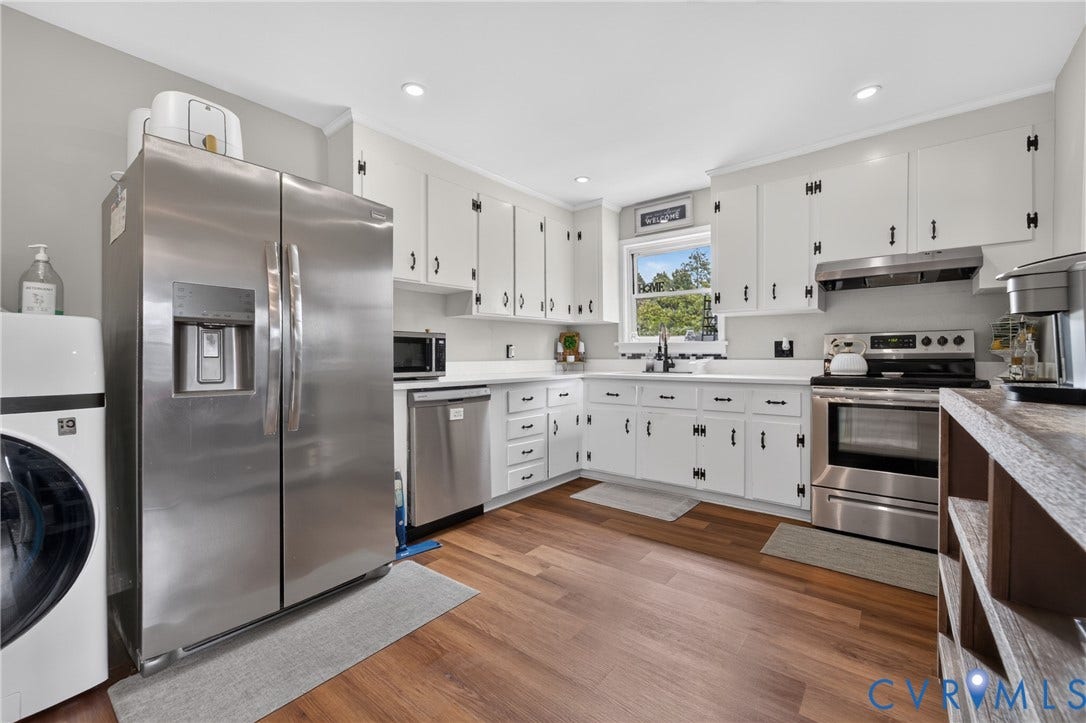 3401 Austin Avenue, Brentwood, Henrico, VA 23222 Updated kitchen featuring white cabinetry, stainless steel appliances, wood-finish flooring, and a window over the sink