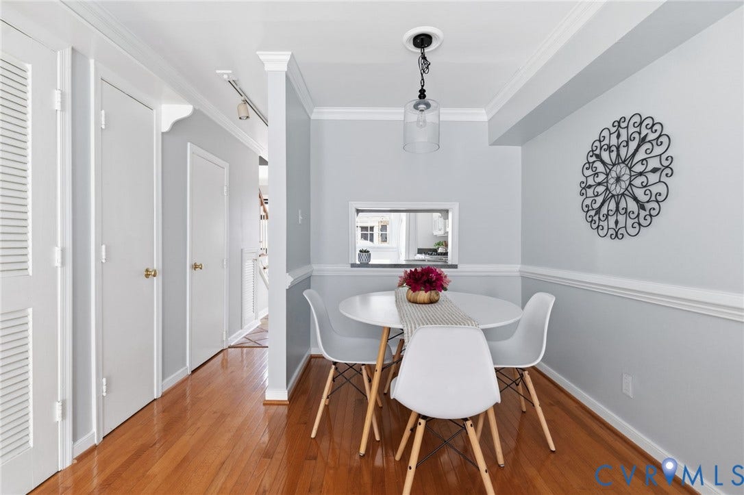 405 N Hamilton Street, #G, Richmond, VA 23221 Wood-finish flooring, crown molding, chair rail molding, and a pass-through window