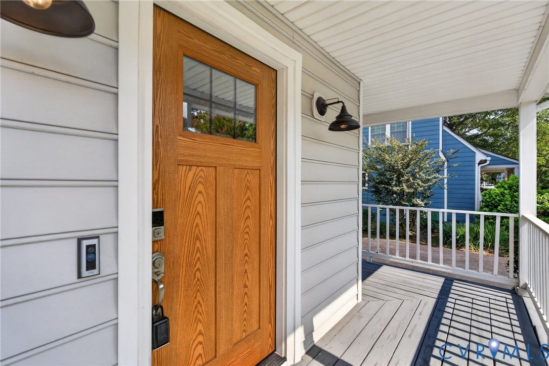 2020 Knotty Drive, Glen Allen, VA 23060 Welcoming front entry features a solid wood door with multi-pane transom window and sidelights, complemented by a covered porch with white railings and composite decking