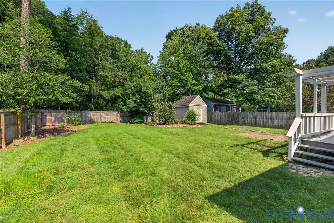 2020 Knotty Drive, Glen Allen, VA 23060 Expansive green lawn with mature perimeter trees, a detached storage shed, privacy fencing, and a multi-level deck with pergola