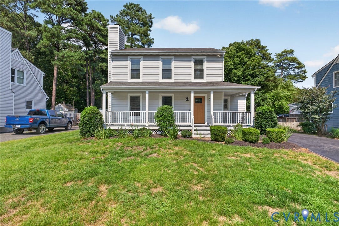 2020 Knotty Drive, Glen Allen, VA 23060 Classic Colonial-style residence featuring a two-story faade with light-colored vinyl siding, black shutters, and a prominent front-facing chimney