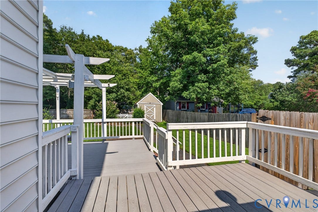 2020 Knotty Drive, Glen Allen, VA 23060 Expansive composite deck featuring white vinyl railings, multiple levels, and integrated pergola structure