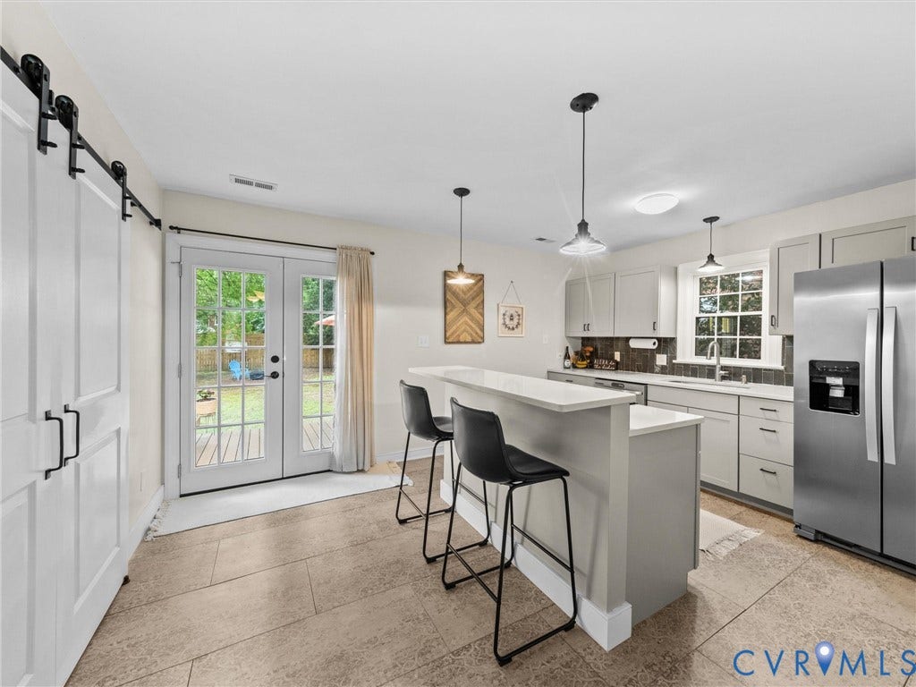 5023 E Seminary Avenue, Richmond, VA 23227 Modern kitchen featuring a breakfast bar, stainless steel refrigerator, grey cabinetry, and a tile backsplash