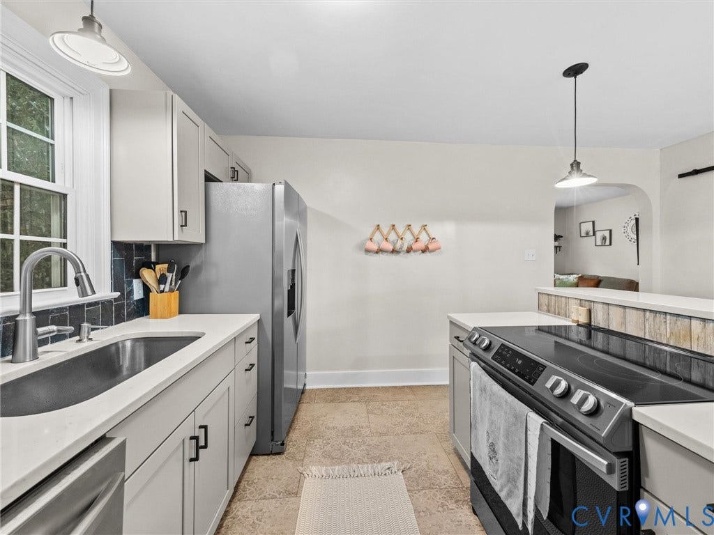 5023 E Seminary Avenue, Richmond, VA 23227 Modern kitchen featuring light gray cabinetry, stainless steel appliances, a deep basin sink, and tile flooring