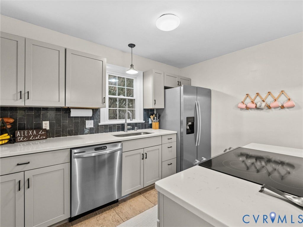 5023 E Seminary Avenue, Richmond, VA 23227 Contemporary kitchen featuring light gray shaker cabinetry, white countertops, stainless steel appliances, dark tile backsplash, and recessed lighting