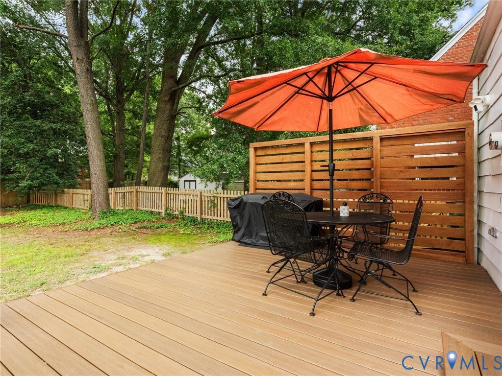 5023 E Seminary Avenue, Richmond, VA 23227 Spacious composite deck with a horizontal slatted wood privacy screen and a partially visible white picket fence