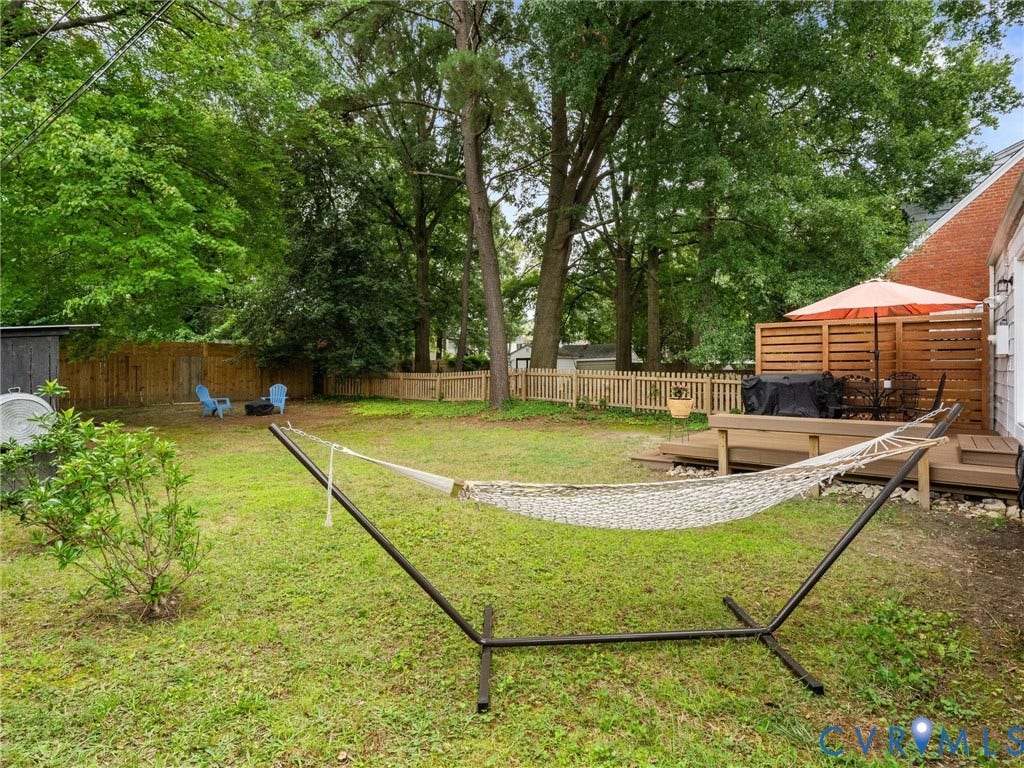 5023 E Seminary Avenue, Richmond, VA 23227 Expansive backyard featuring a multi-level deck with slatted privacy screen, mature trees, and a wooden privacy fence