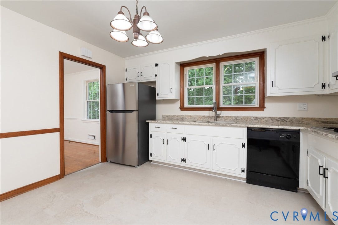 2519 Woodmont Drive, Woodmont, Chesterfield, VA 23235 Kitchen featuring white cabinetry, granite-finish countertops, and a double-basin stainless steel sink with a gooseneck faucet