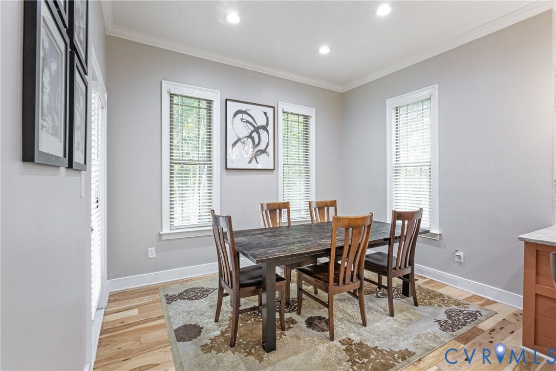 12554 Kain Road, Glen Allen, VA 23059 Recessed lighting, crown molding, light-toned walls, wood-finish flooring, and multiple windows with blinds