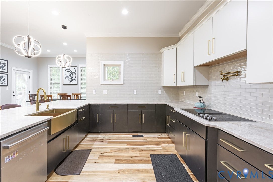 12554 Kain Road, Glen Allen, VA 23059 Gourmet kitchen featuring a gold-tone apron front sink, quartz countertops, two-tone cabinetry, a tile backsplash, and wood-finish flooring