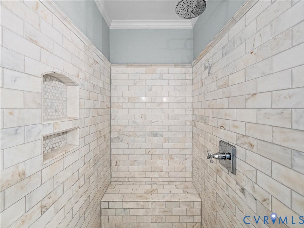 1 Greenway Lane, Hampton Gardens, Richmond, VA 23226 primary shower with Carrara marble tile
