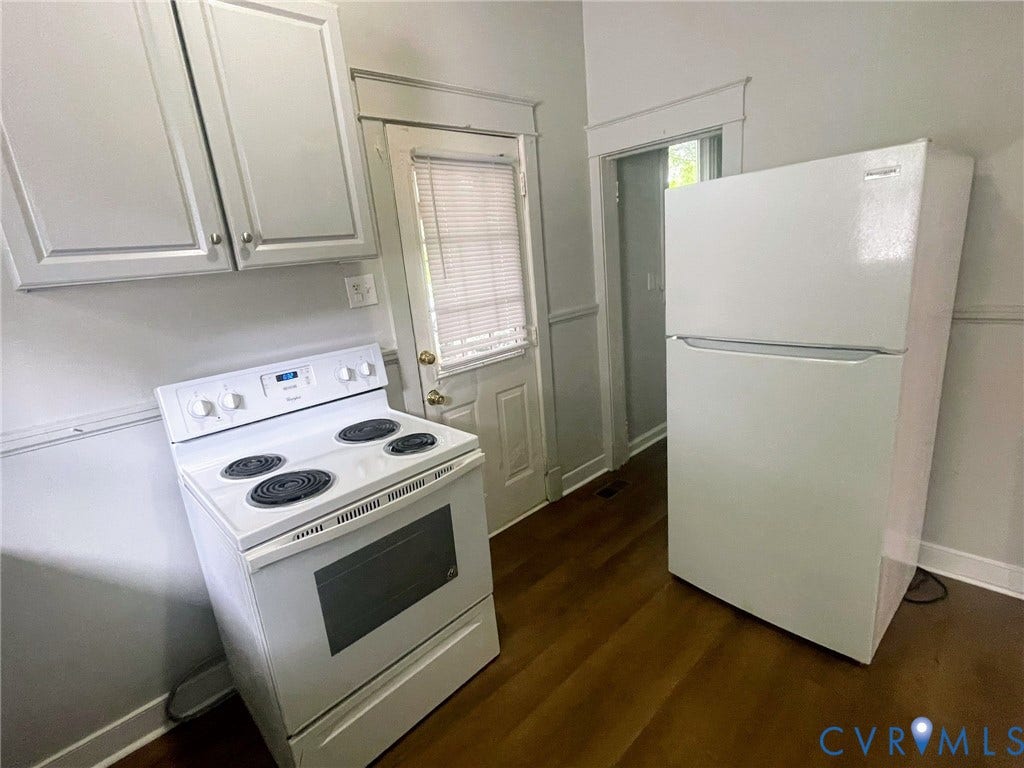 Kitchen featuring wood-finish flooring, white cabinetry, a white electric range, and a white refrigerator