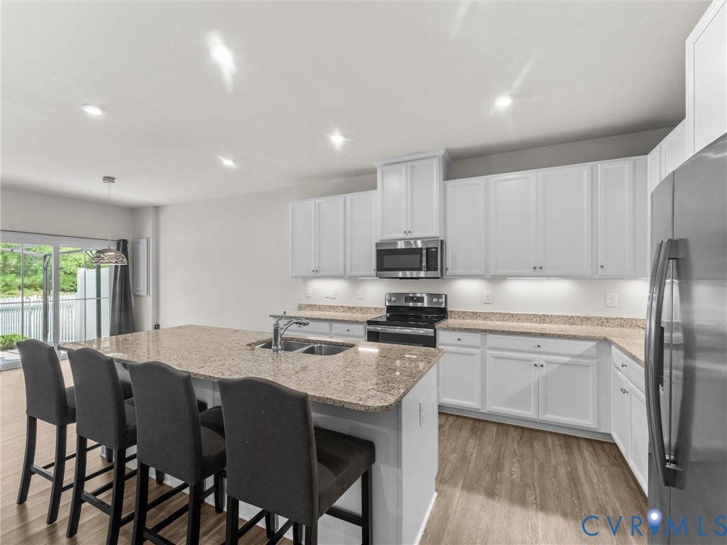 12601 Prestonfield Drive, Blalock, Chesterfield, VA 23836 Contemporary kitchen with extensive white cabinetry, stainless steel appliances, granite countertops, a large island with a double basin sink, and wood-finish flooring