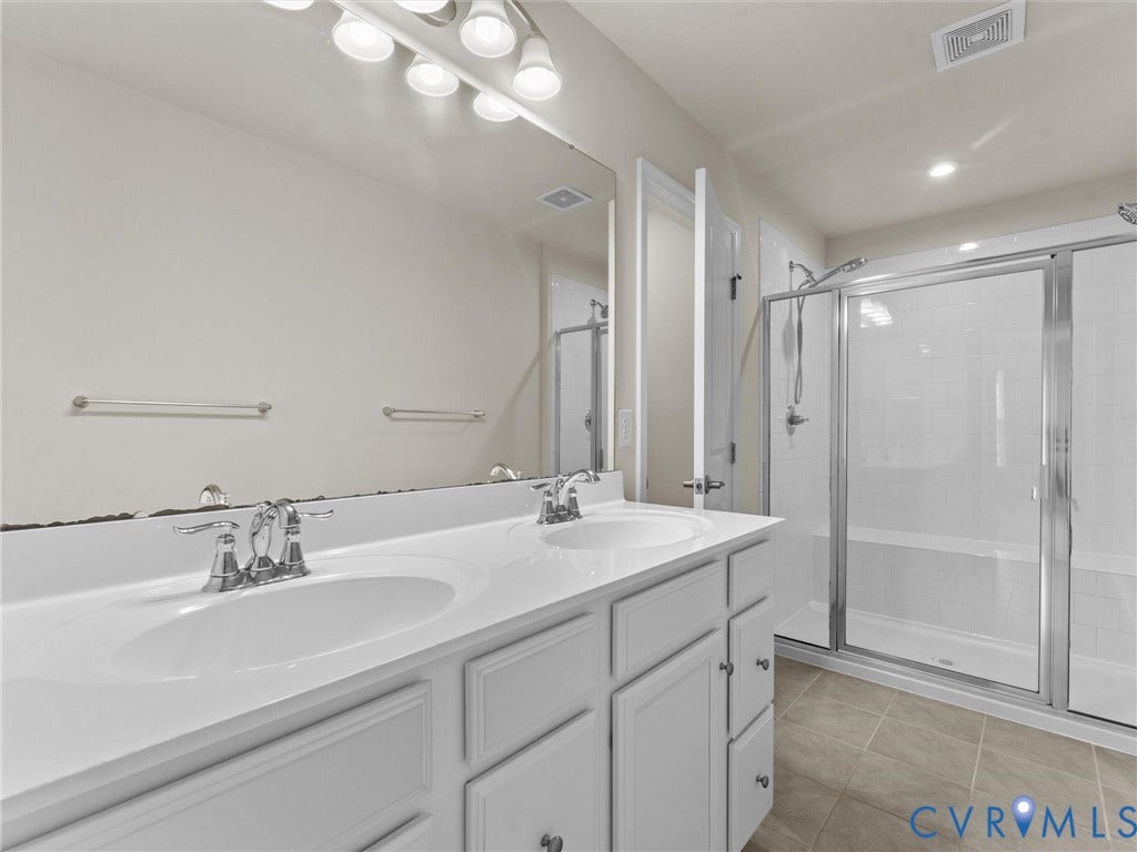 12601 Prestonfield Drive, Blalock, Chesterfield, VA 23836 Dual vanity with white countertops, chrome fixtures, and white cabinetry