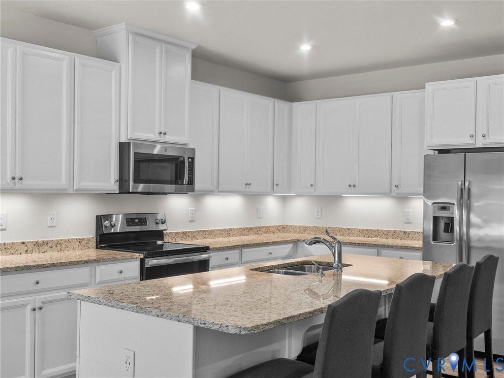 12601 Prestonfield Drive, Blalock, Chesterfield, VA 23836 Kitchen featuring white cabinetry, granite countertops, stainless steel appliances, recessed lighting, and an island with an undermount sink