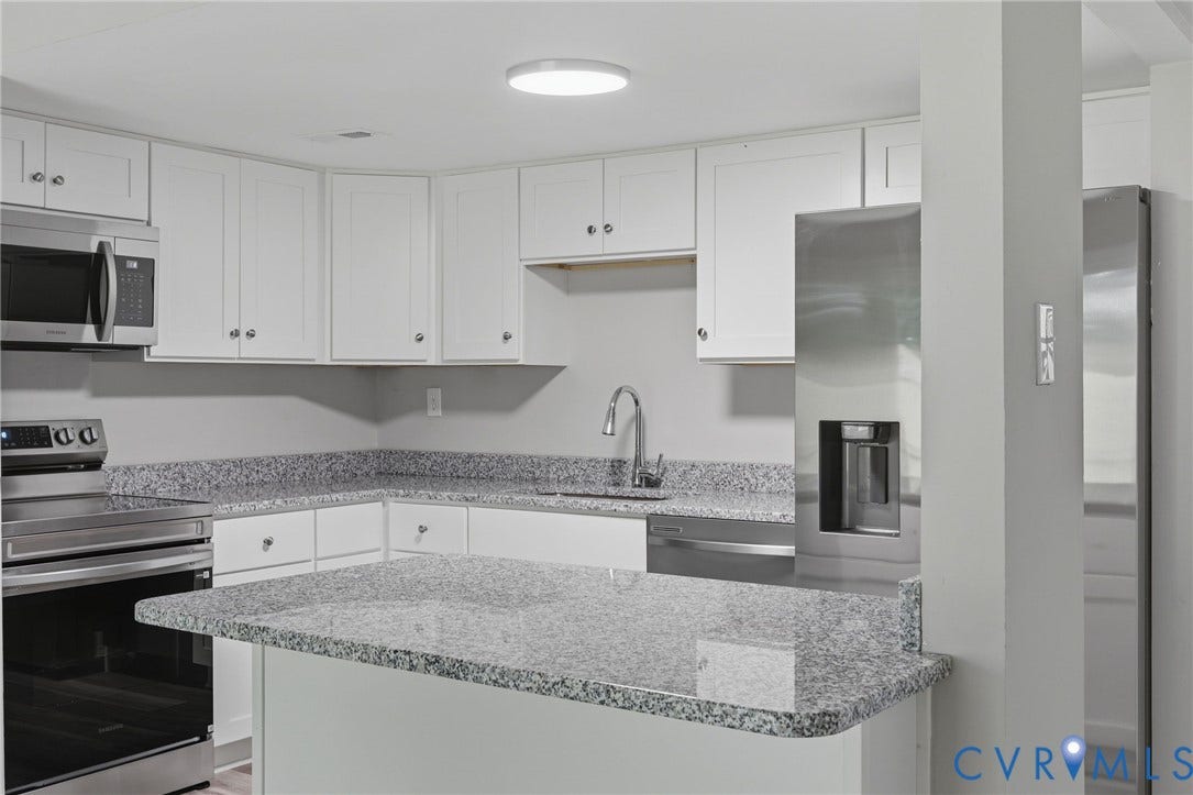3218 Hunters Mill Court, Henrico, VA 23223 Modern kitchen featuring white cabinetry, speckled countertops, stainless steel appliances, and a built-in kitchen island
