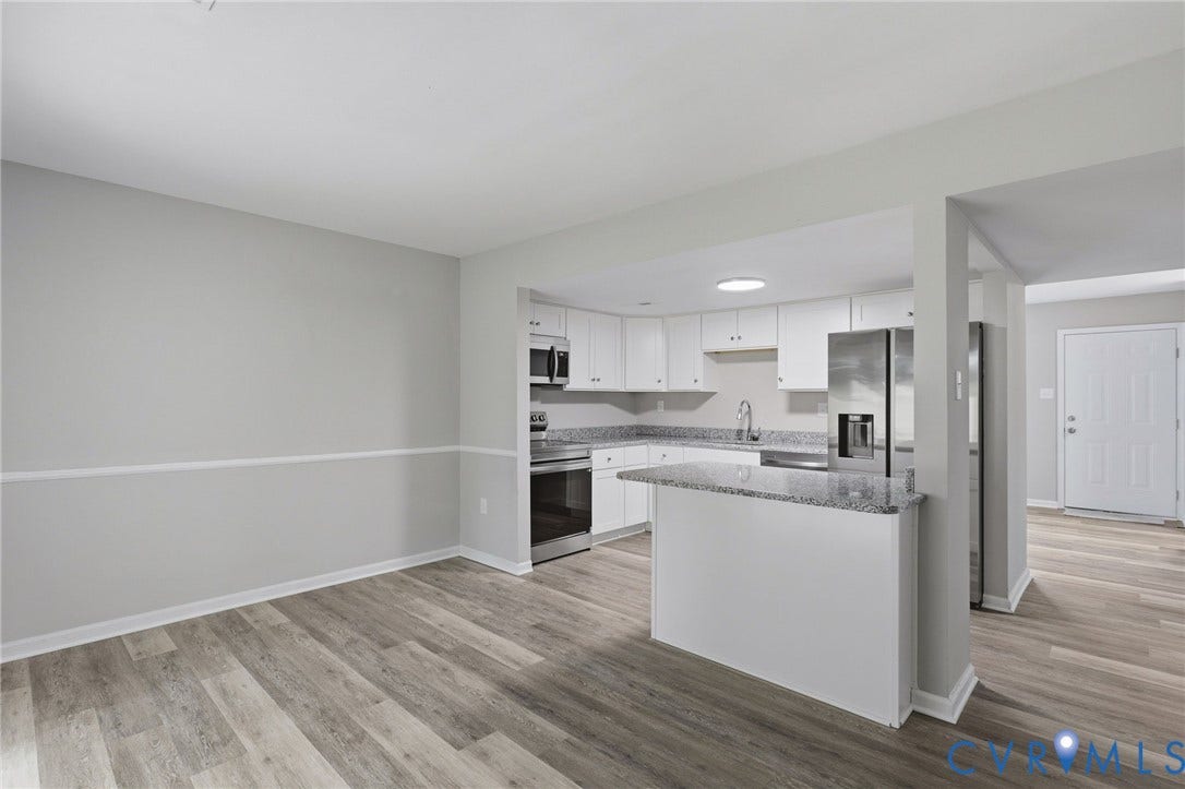 3218 Hunters Mill Court, Henrico, VA 23223 Modern kitchen featuring white cabinetry, granite countertops, and stainless steel appliances
