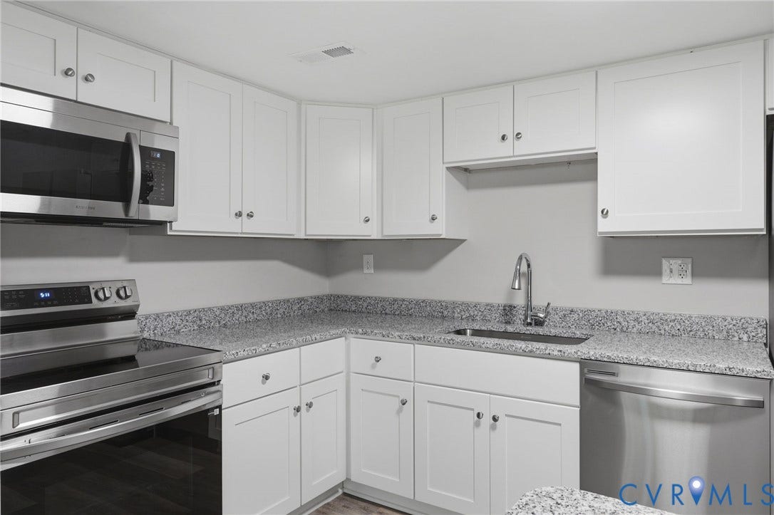 3218 Hunters Mill Court, Henrico, VA 23223 Kitchen featuring white shaker-style cabinetry, a stainless steel appliance suite, speckled countertops, a double basin sink with a gooseneck faucet, and wood-finish flooring