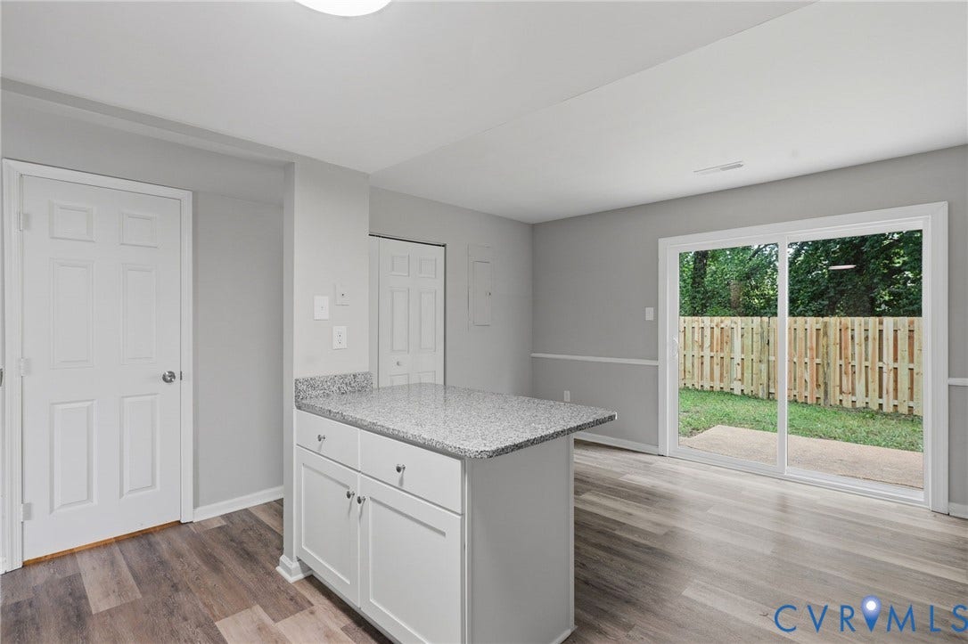 3218 Hunters Mill Court, Henrico, VA 23223 Kitchen island featuring a speckled countertop and white cabinetry
