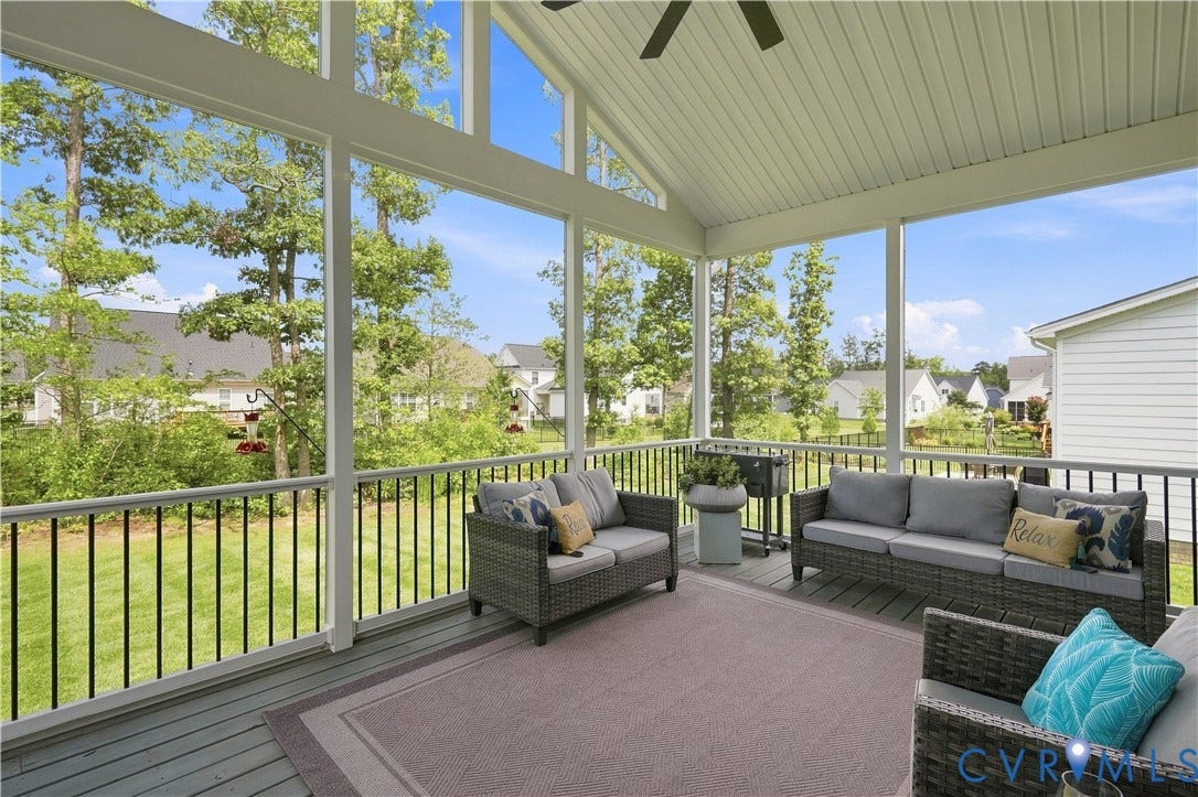 7437 Aldeby Street, Glen Allen, VA 23059 Spacious screened porch featuring an angled ceiling, exposed beams, ceiling fan, and painted wood deck flooring
