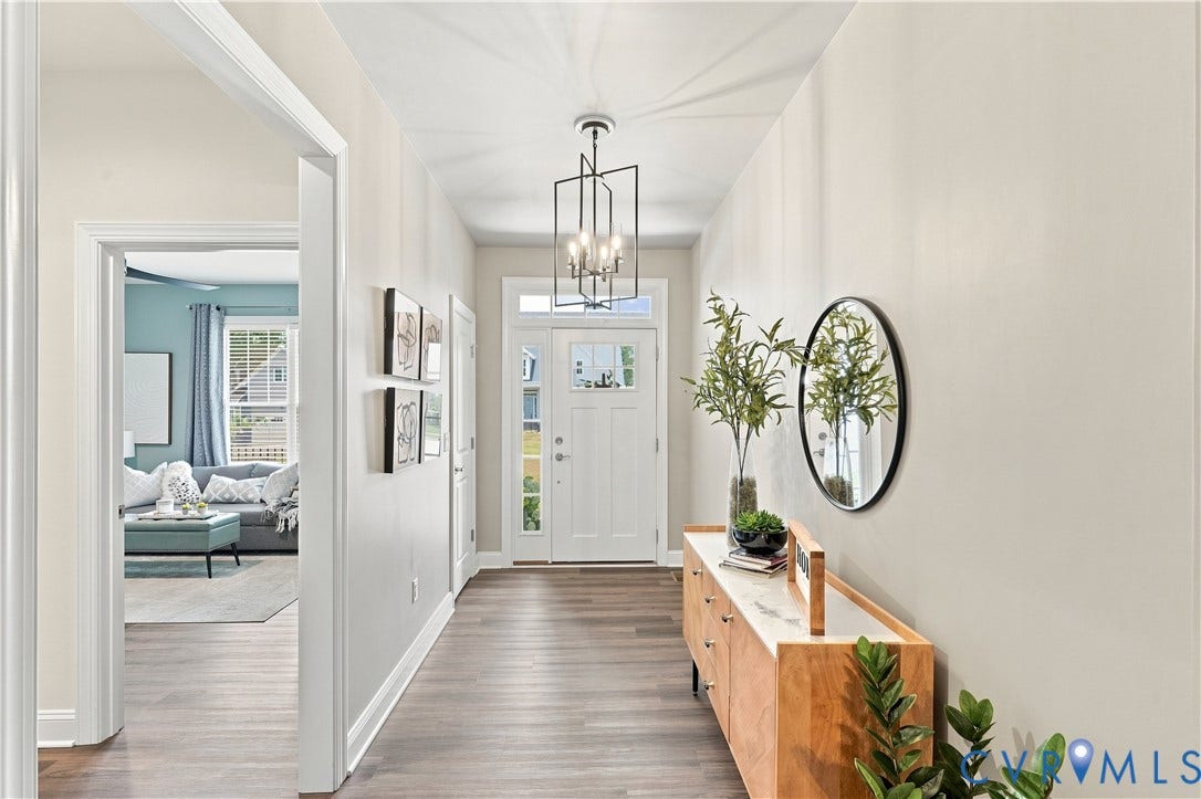 7437 Aldeby Street, Glen Allen, VA 23059 Entryway featuring wood-finish flooring, a contemporary ceiling light fixture, a white paneled front door with sidelights, and an open doorway to an interior space