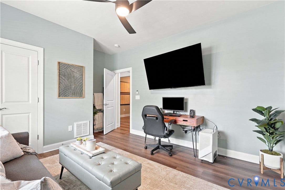 7437 Aldeby Street, Glen Allen, VA 23059 Recessed lighting with a ceiling fan, wood-finish flooring, and white trim throughout