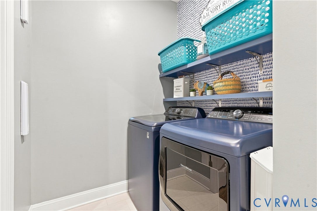 7437 Aldeby Street, Glen Allen, VA 23059 Built-in shelving, patterned accent wall, light-colored flooring, contemporary washer, and dryer