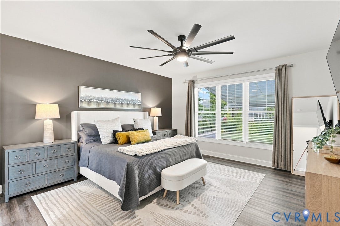 7437 Aldeby Street, Glen Allen, VA 23059 Spacious room with wood-finish flooring, a contemporary ceiling fan, and a large multi-pane window