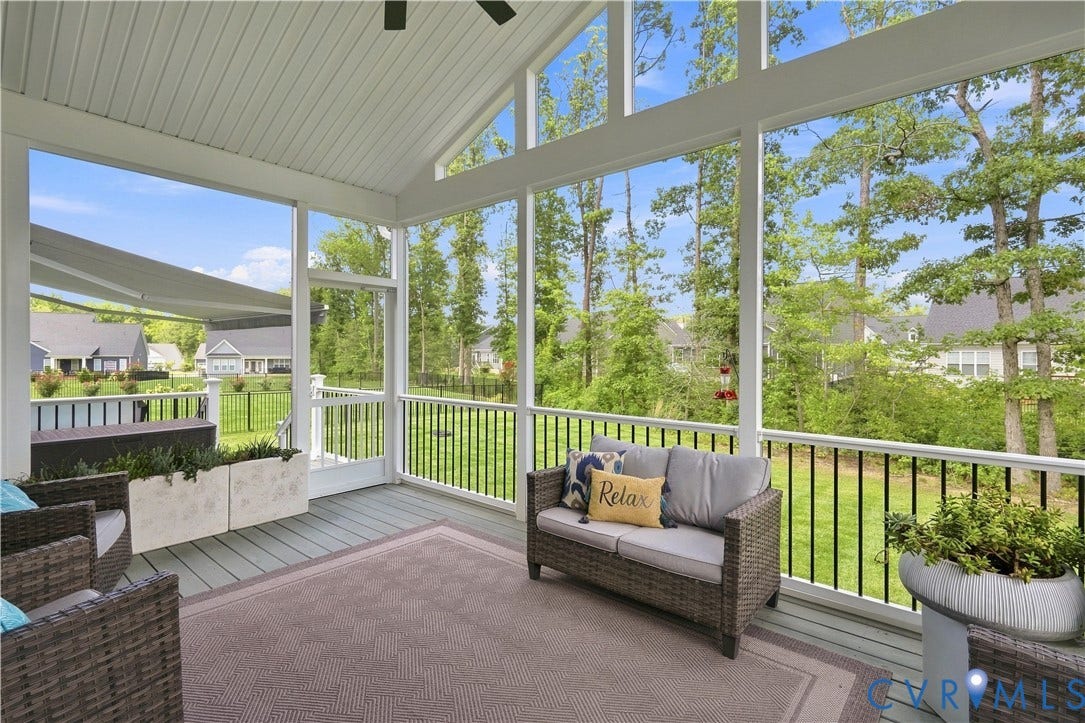 7437 Aldeby Street, Glen Allen, VA 23059 Screened porch with vaulted ceiling, wood-finish flooring, and black metal railings