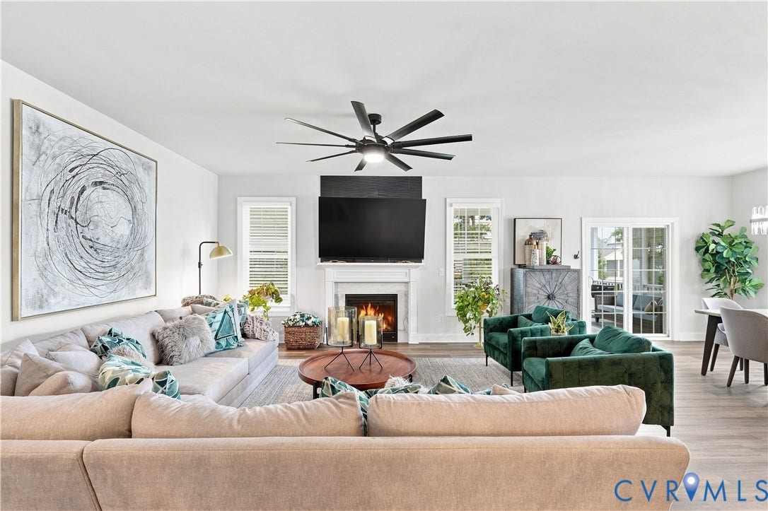 7437 Aldeby Street, Glen Allen, VA 23059 Spacious living area featuring a fireplace with a mantel, wood-finish flooring, and white window blinds