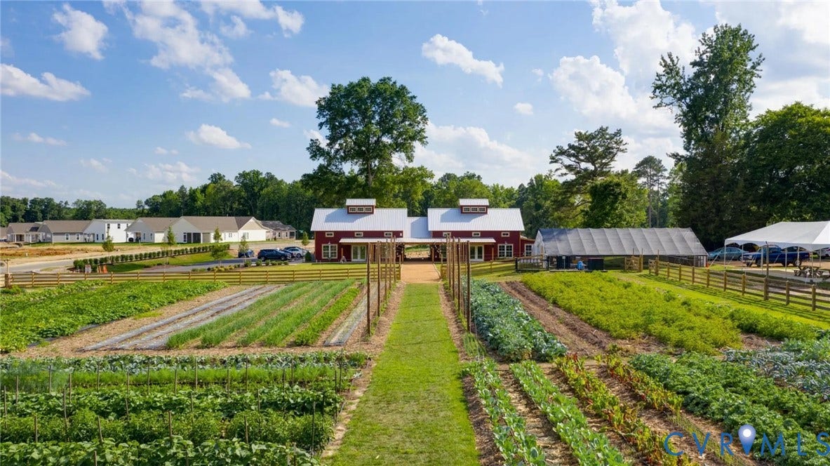 11618 Orchard Falls Circle, Chickahominy Falls, Glen Allen, VA 23059 Cultivated garden beds, wood fencing, and a red-sided barn structure with a metal roof