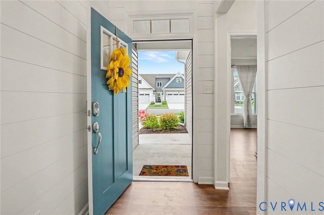11618 Orchard Falls Circle, Chickahominy Falls, Glen Allen, VA 23059 Front entry featuring a blue door with a window and transom, wood-finish flooring, and shiplap wall paneling