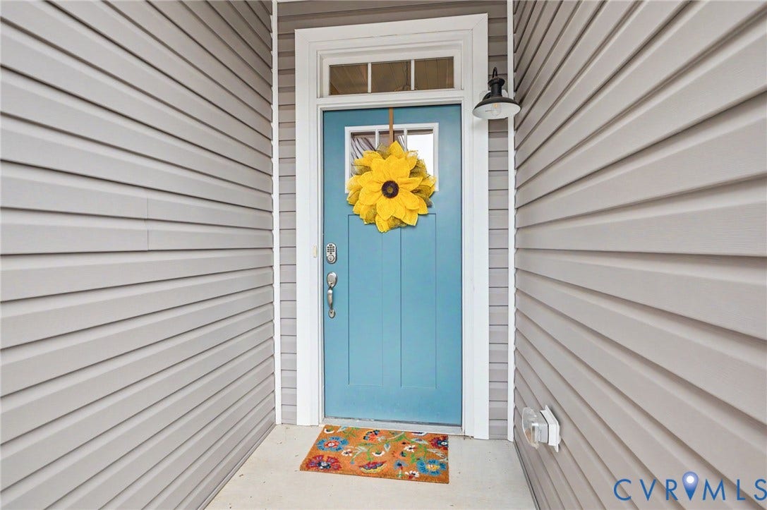 11618 Orchard Falls Circle, Chickahominy Falls, Glen Allen, VA 23059 Entry with a blue door, transom window, and exterior wall sconce