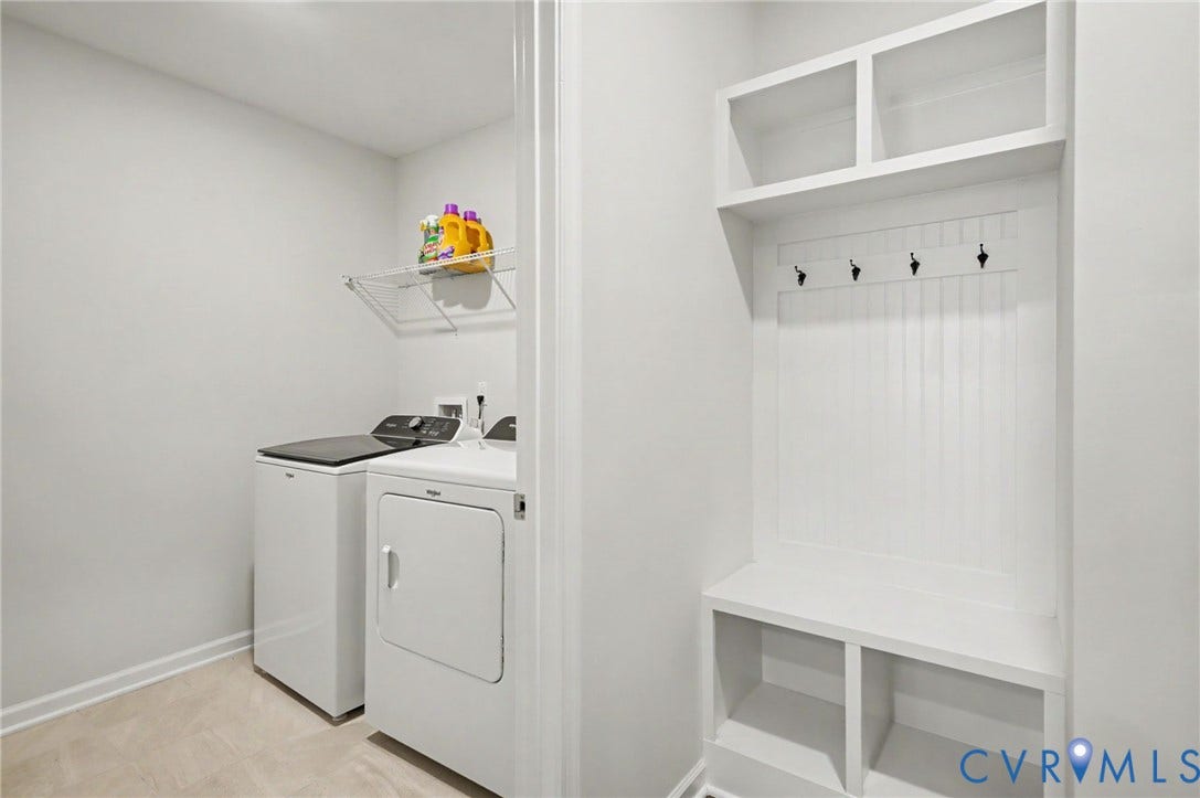 11618 Orchard Falls Circle, Chickahominy Falls, Glen Allen, VA 23059 Laundry area with wire shelving, complemented by a built-in hall tree featuring open shelving, coat hooks, and cubby storage