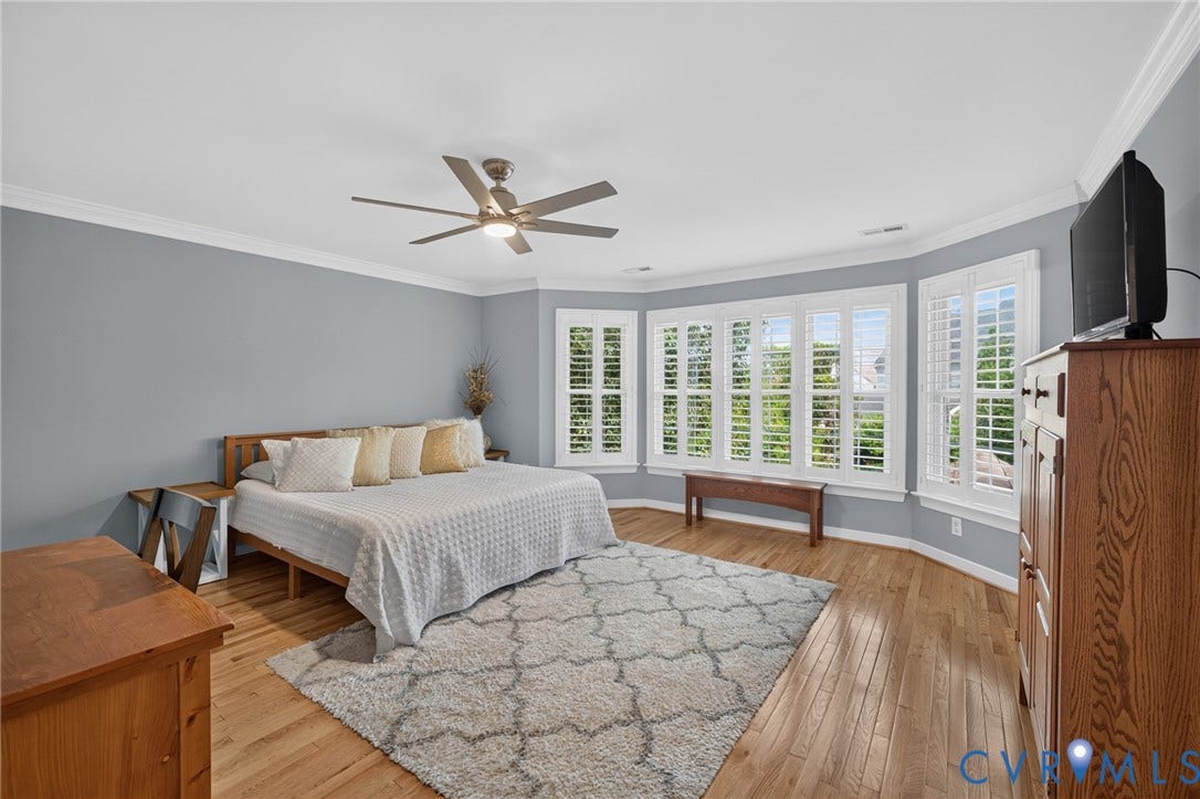 12320 Bradford Landing Way, Glen Allen, VA 23059 Spacious room featuring a bay window with plantation shutters, wood-finish flooring, crown molding, and a ceiling fan