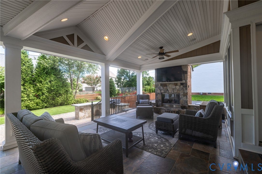 12320 Bradford Landing Way, Glen Allen, VA 23059 Covered patio featuring a vaulted wood-paneled ceiling, recessed lighting, and a ceiling fan