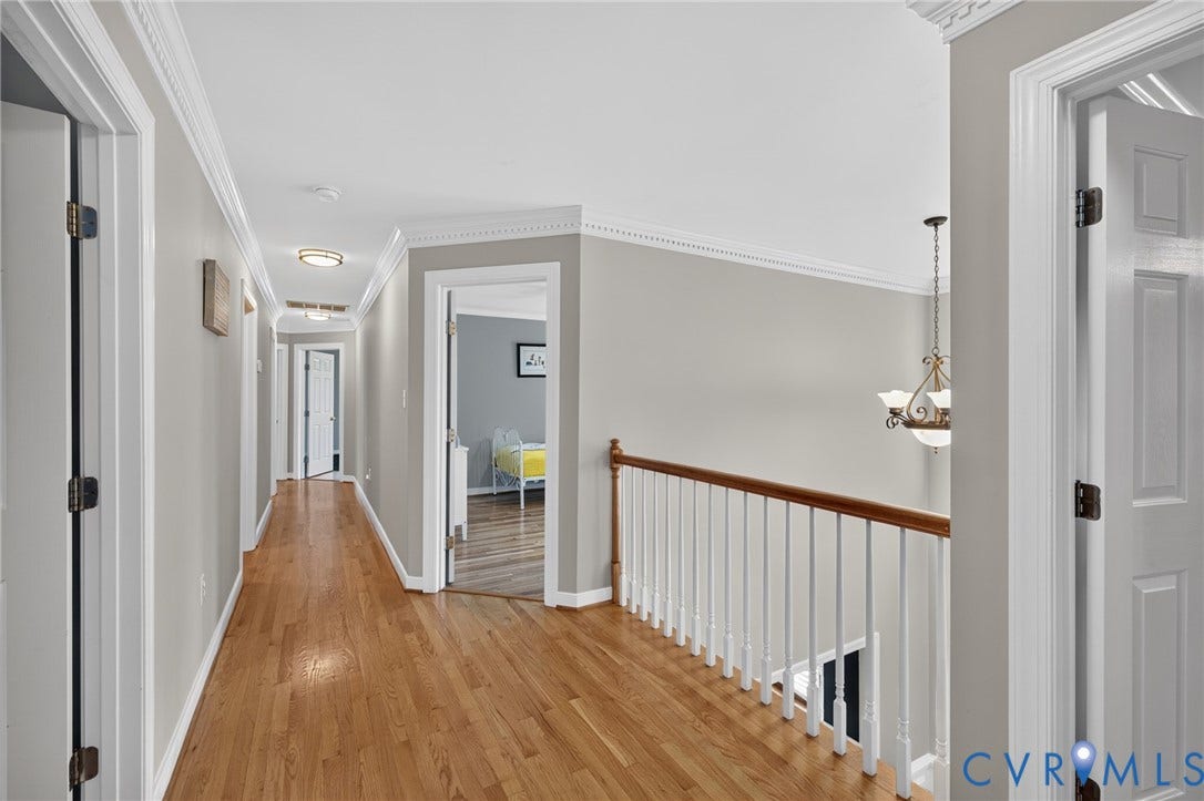 12320 Bradford Landing Way, Glen Allen, VA 23059 Hallway featuring wood-finish flooring, crown molding, and recessed lighting