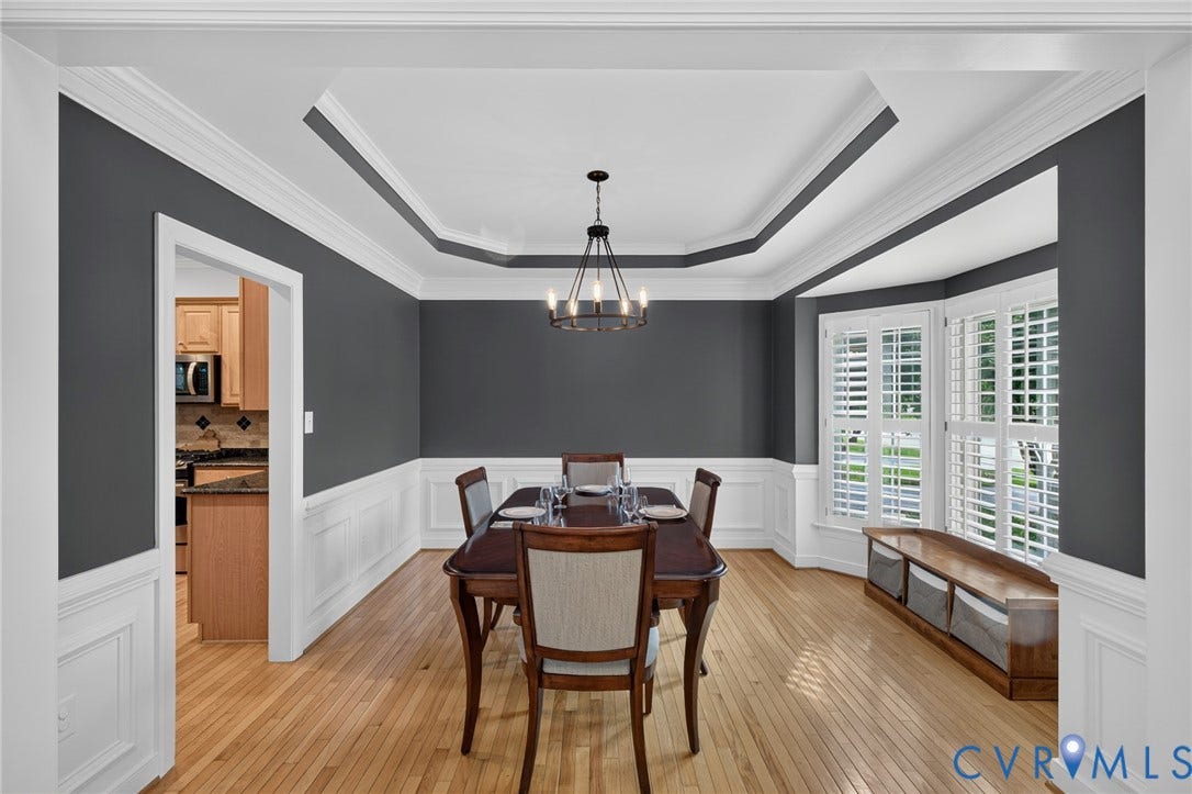 12320 Bradford Landing Way, Glen Allen, VA 23059 Room featuring hardwood flooring, wainscoting, crown molding, a tray ceiling, and a bay window with plantation shutters