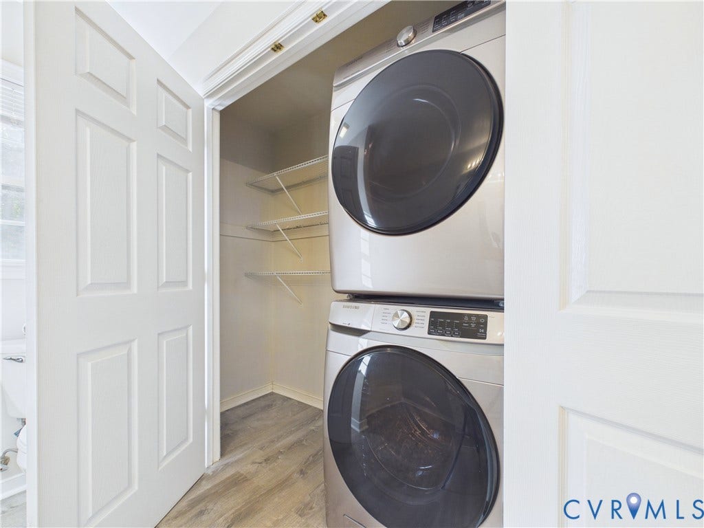4515 Exton Lane, Chester, VA 23831 Dedicated laundry closet with stacked appliances and wire shelving