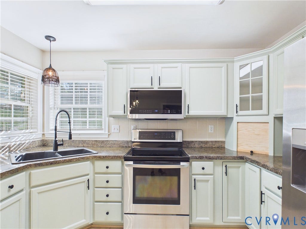 4515 Exton Lane, Chester, VA 23831 White cabinetry with black hardware, stainless steel appliances, dual-basin sink with gooseneck faucet, light-toned backsplash, and patterned countertops