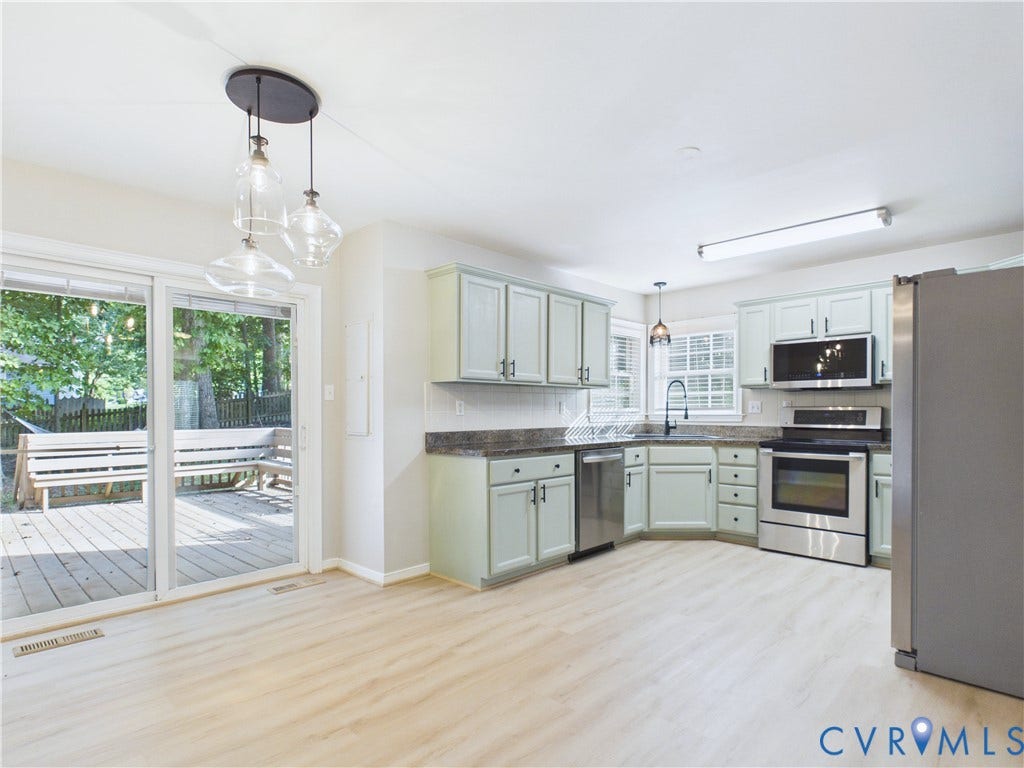 4515 Exton Lane, Chester, VA 23831 Kitchen featuring light-toned cabinetry, stainless steel appliances, and a tile backsplash